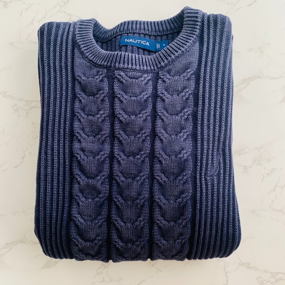 Nautica Vintage Mens Faded Blue Chunky Cable Knit Crewneck Sweater | Small